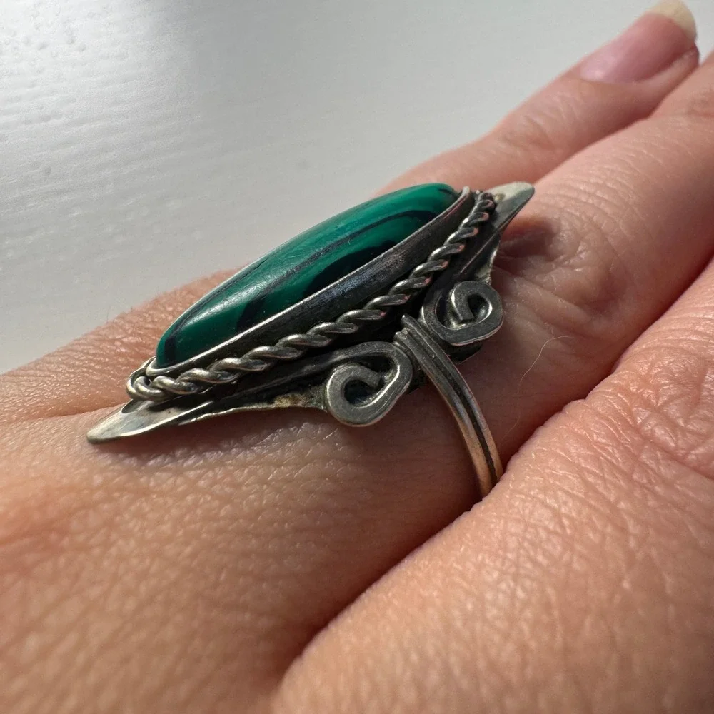Vtg Silver Tone Malachite Style Ring Marquise Adjustable Southwestern Whimsigoth